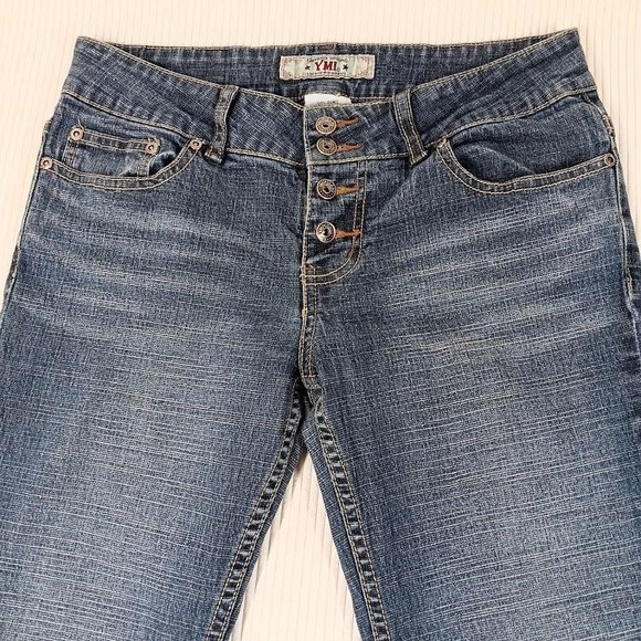 YMI Jeans Womens 9 Blue Flare Stretch Button Fly Distressed Raw Hem Retro Denim - Picture 1 of 10